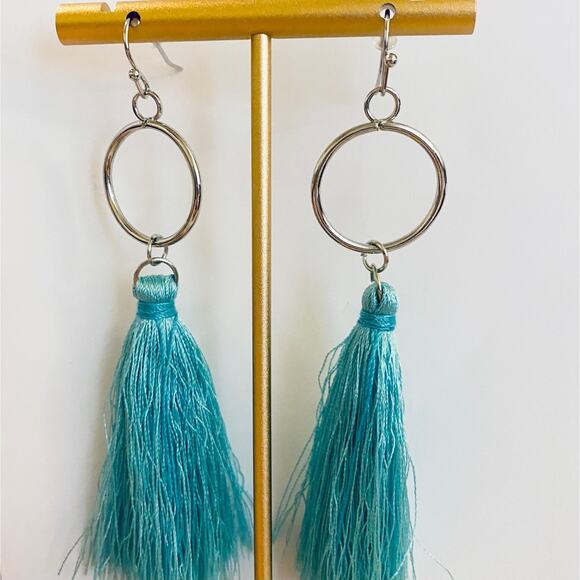 Silver Circle Turquoise Tassel Earrings - Picture 3 of 3
